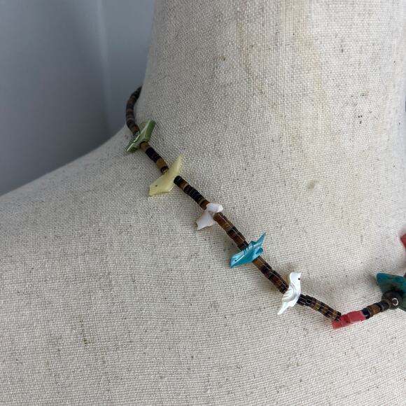 Zuni Fetish Necklace 10 Birds 18" Heishi Bead Native American Brown Multicolor - Picture 3 of 12